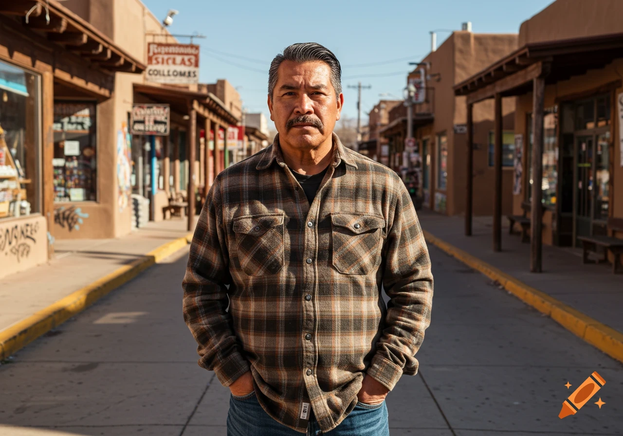 A man with a mustache and plaid shirt stands in the middle of a street lined with adobe buildings under a clear sky.