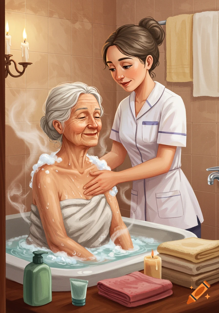 Illustrated scene of an elderly woman enjoying a bath, assisted by a smiling caregiver in a white uniform.
