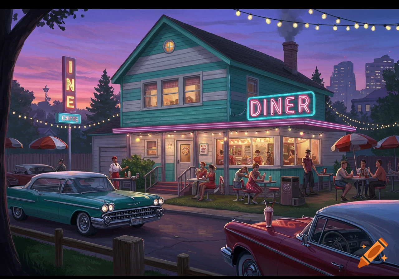 An illustrated evening scene of a retro teal diner with neon signs, classic cars, and people dining outdoors.