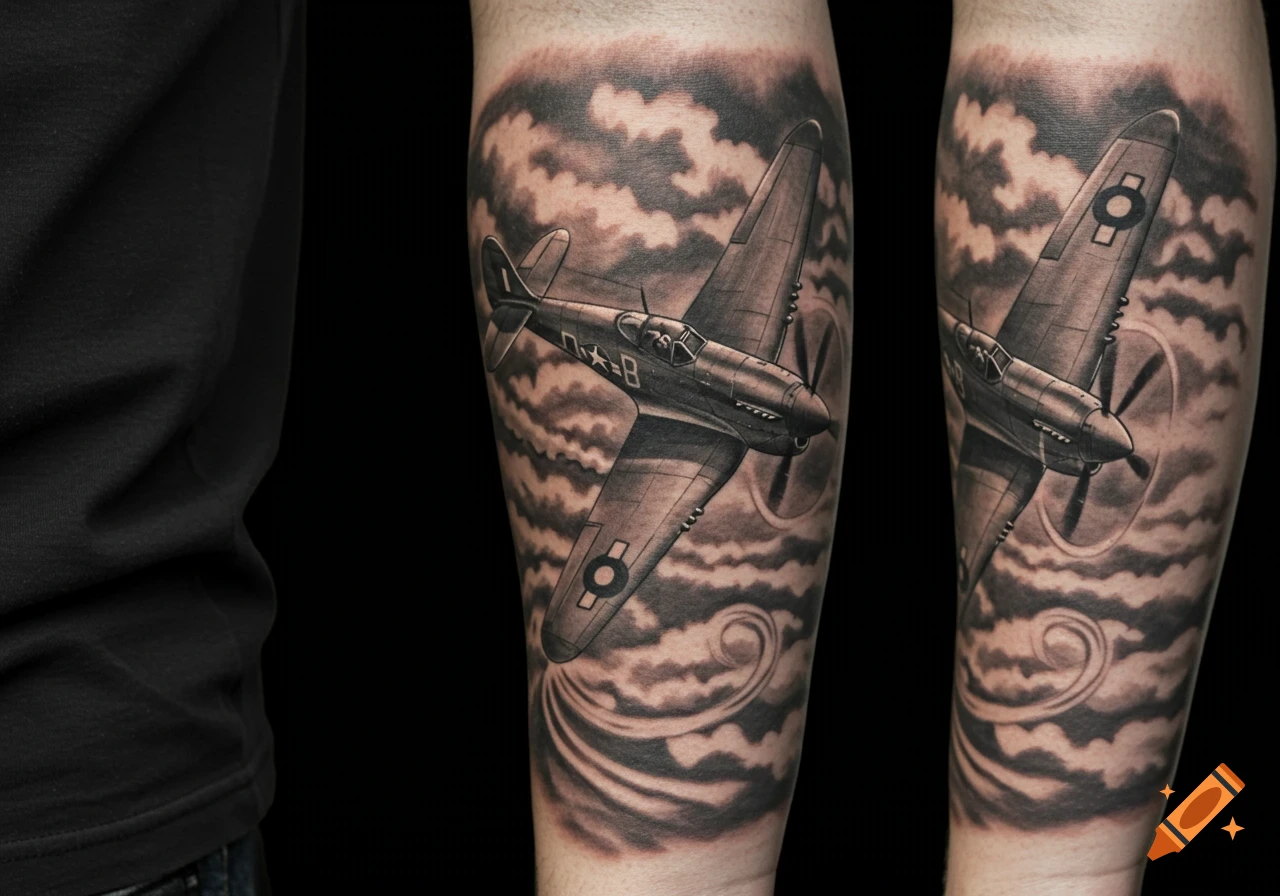 Black and grey tattoo of a WWII propeller airplane flying through clouds on a person's arm.