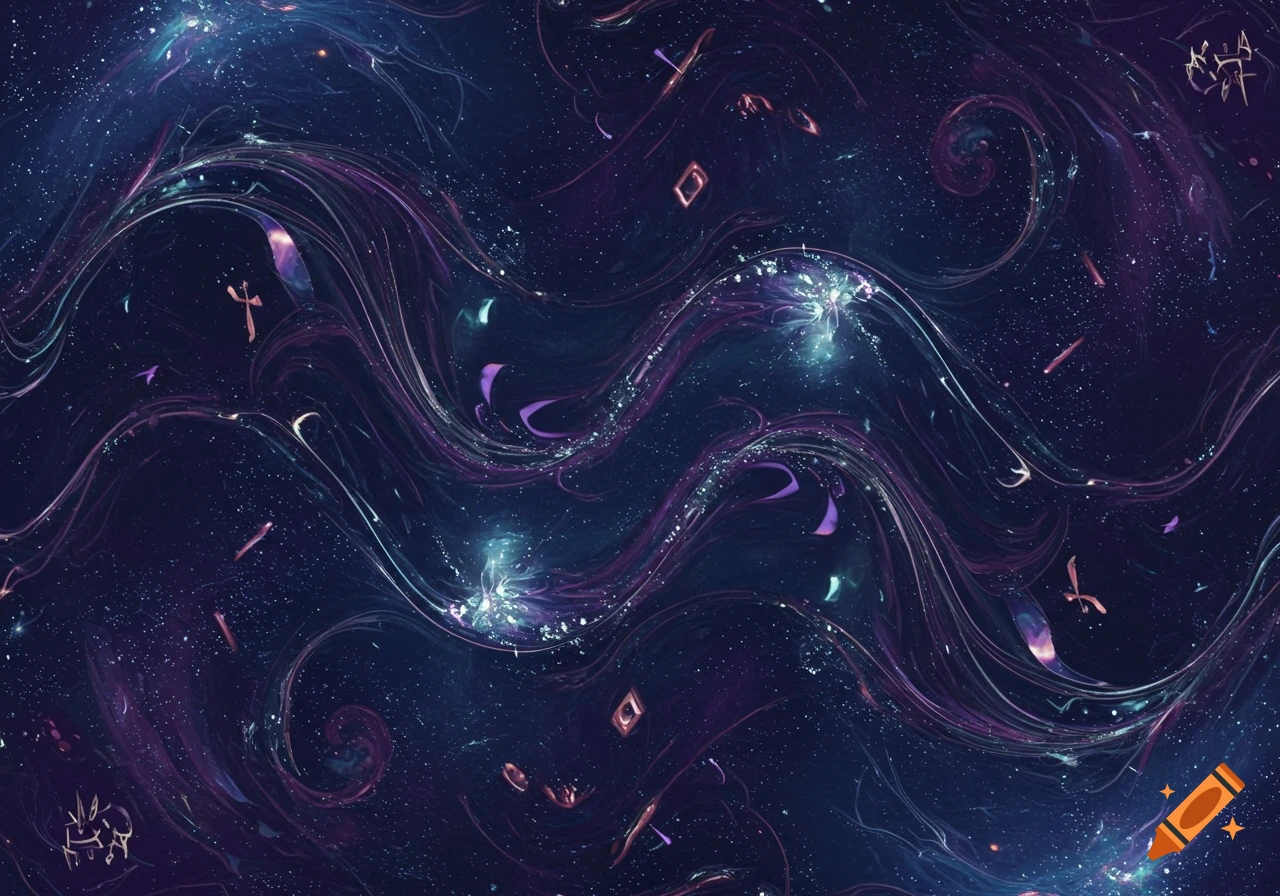 An abstract, dark cosmic pattern with flowing purple and blue waves, sparkling dots resembling stars, and small, glowing stylized symbols.