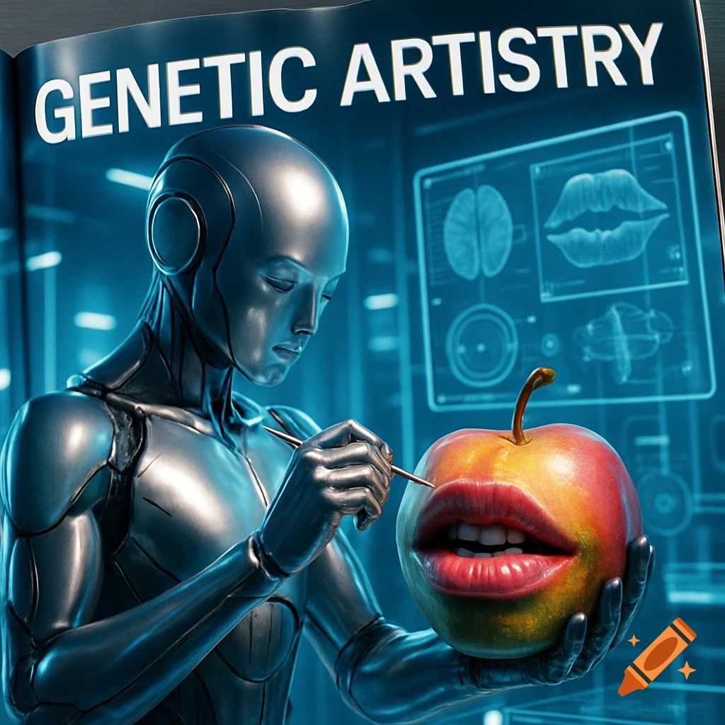 A robot meticulously adds human lips and teeth to an apple on a futuristic magazine cover titled 'GENETIC ARTISTRY'.