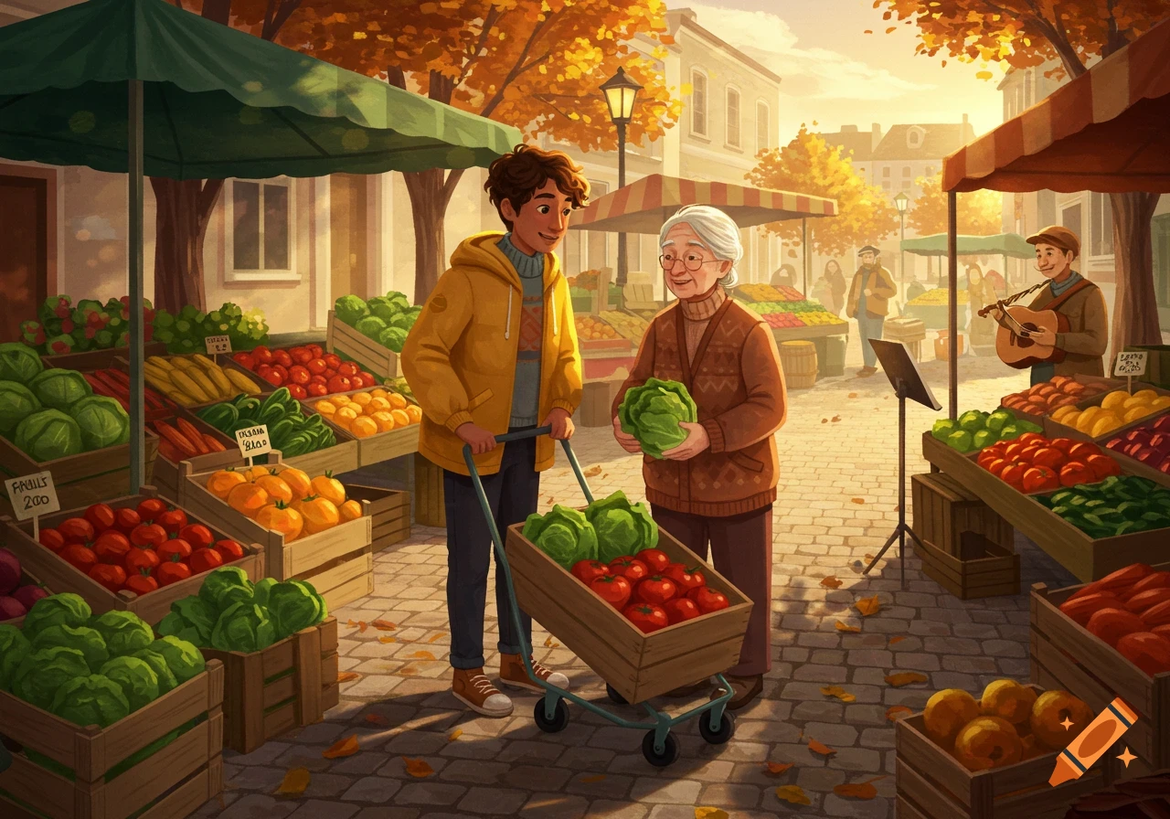 A young person helps an older woman with groceries at a vibrant autumn outdoor market, laden with fresh vegetables and fruits, in an illustrative style.