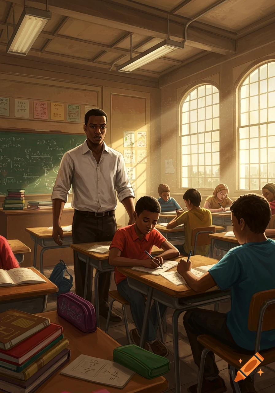 A black teacher stands at the front of a sunlit classroom, observing students as they work at their desks. Illustrated in a realistic style.