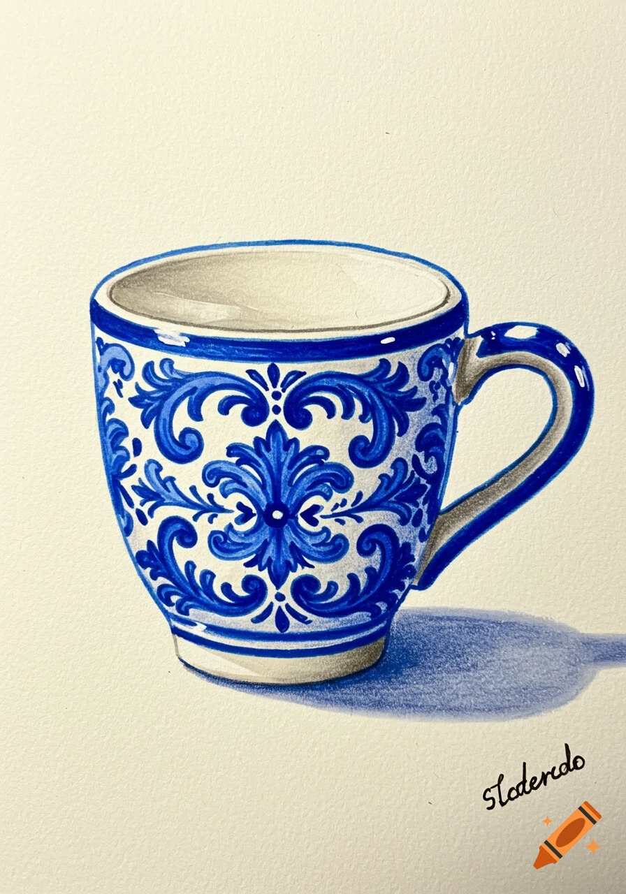 A hand-drawn espresso cup with blue and white Portuguese ceramic patterns on a light background, casting a shadow.