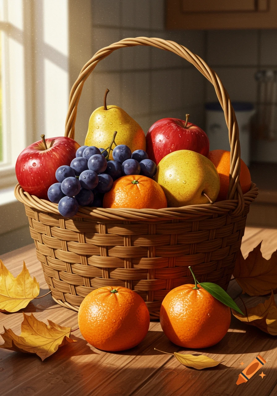 A wicker basket overflows with red apples, yellow pears, blue grapes, and oranges on a sunlit wooden table with scattered autumn leaves.