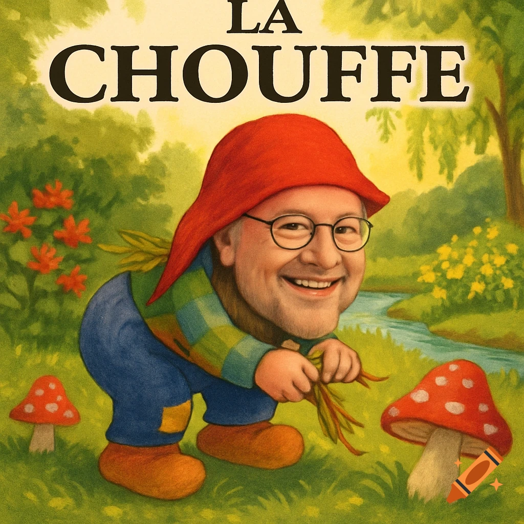 A caricature of a man's face on a gnome's body, wearing a red hat, squatting in a forest with mushrooms. Text reads 'LA CHOUFFE'.