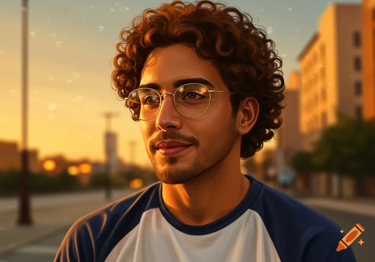 A young man with curly brown hair and glasses, wearing a white and navy shirt, in warm golden-hour lighting.