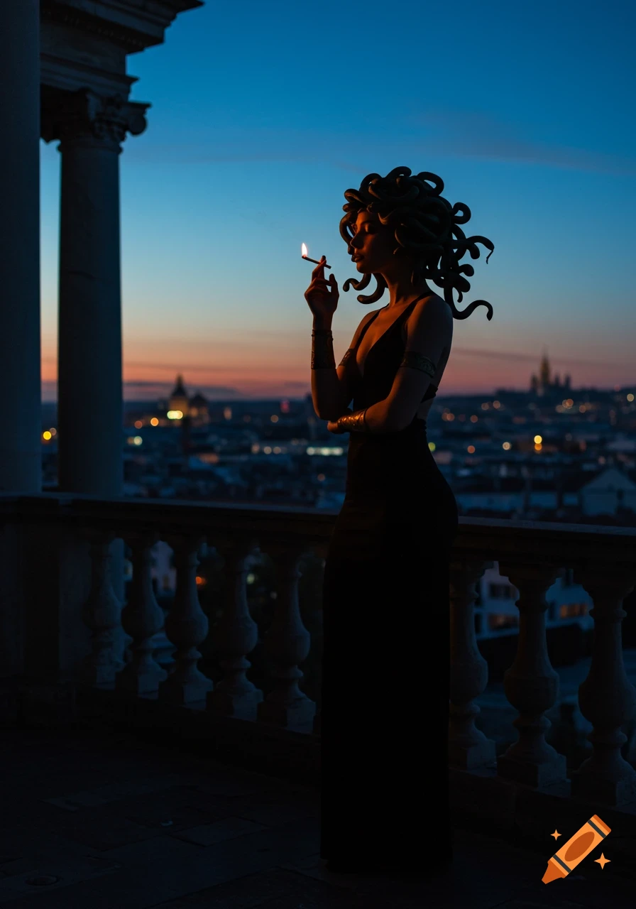 Silhouette of Medusa with snake hair on a balcony, lighting a cigarette against a city skyline at dusk.