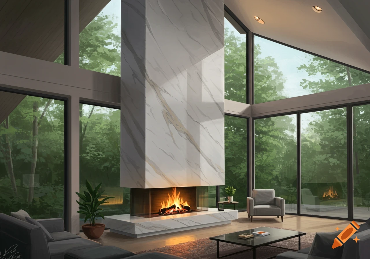 A modern living room features a two-story marble fireplace with a roaring fire, large windows overlooking a forest, and comfortable seating.
