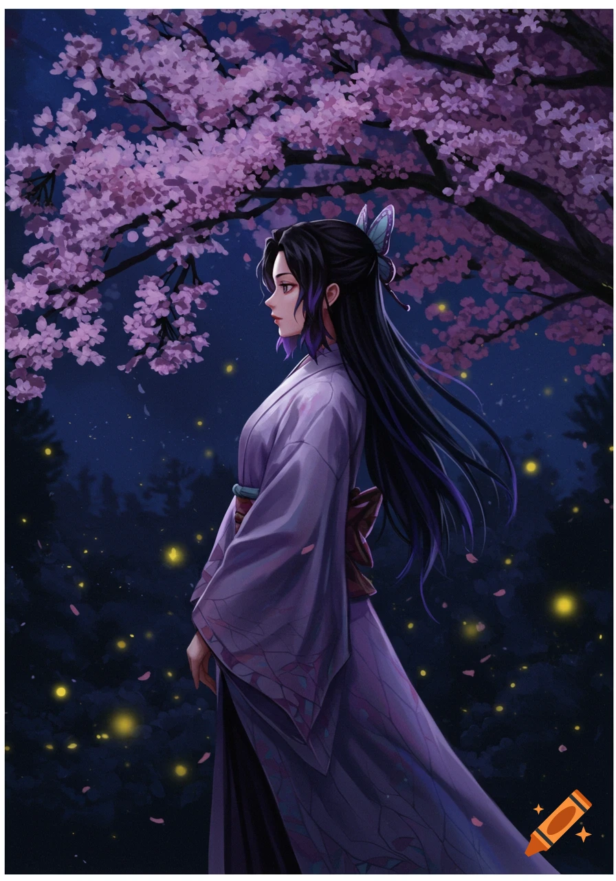 An anime woman with long black and purple hair, wearing a purple kimono, stands under a cherry blossom tree at night with glowing fireflies.