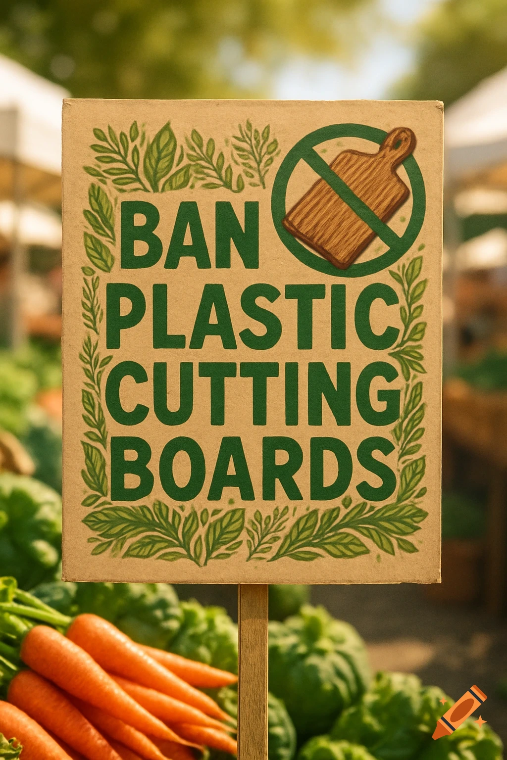 A cardboard sign at a market reads 'BAN PLASTIC CUTTING BOARDS' with a crossed-out wooden cutting board icon, surrounded by fresh carrots and leafy greens.