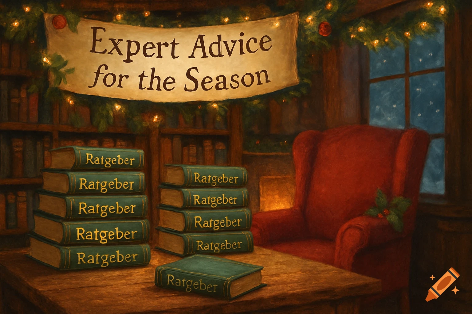 A cozy, painterly scene of a Christmas-decorated library with stacks of "Ratgeber" books and a banner reading "Expert Advice for the Season".