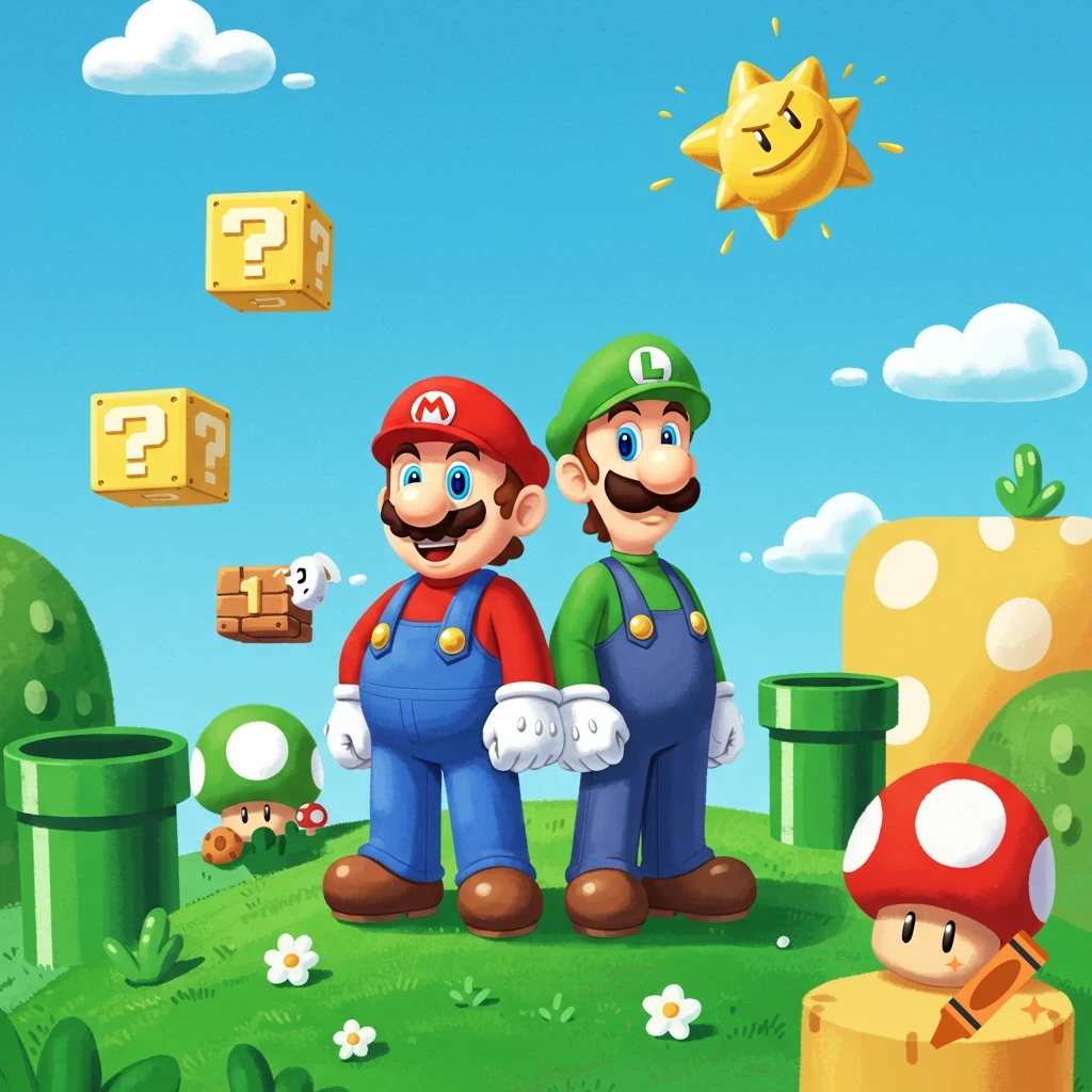 Mario and Luigi stand in a vibrant green Super Mario Bros. landscape with question blocks, warp pipes, and mushrooms.
