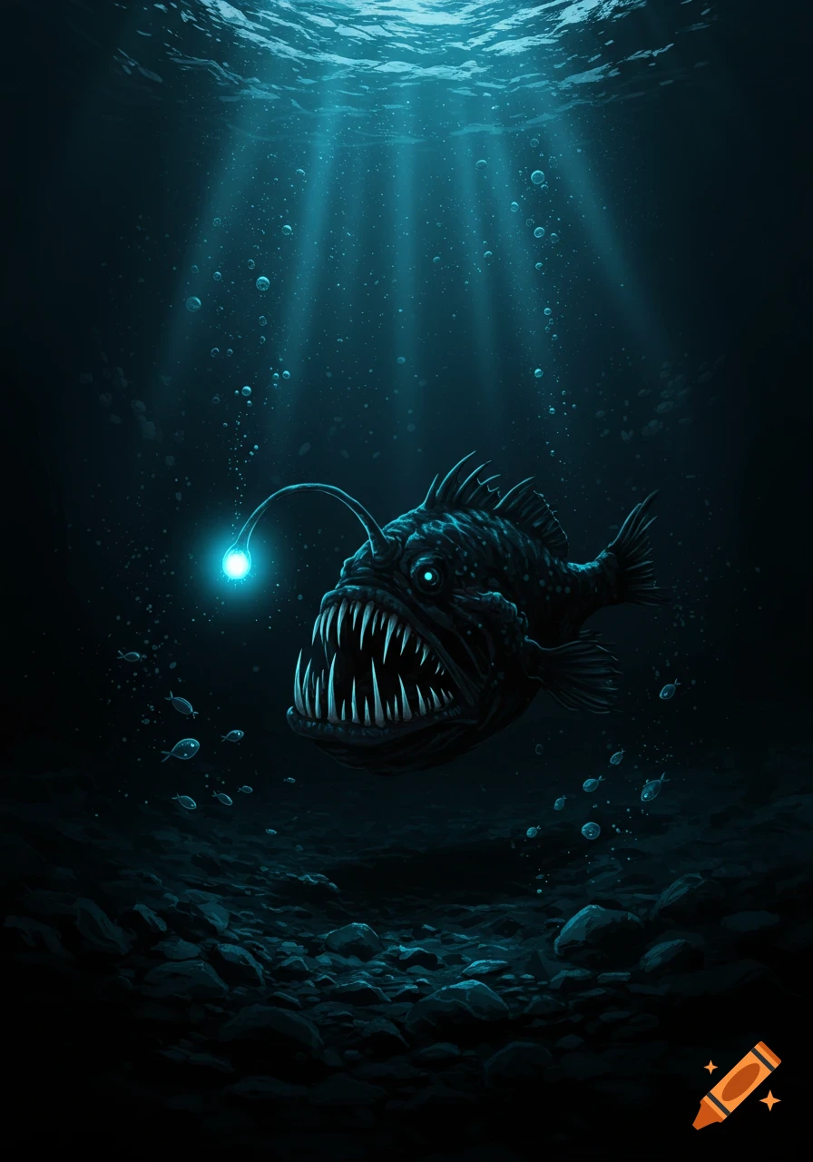 A menacing deep-sea anglerfish with sharp teeth and a glowing lure in the dark ocean, illuminated by light rays from the surface.