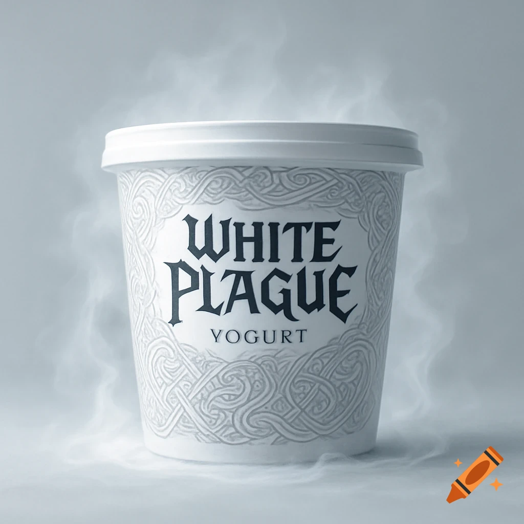 A white yogurt container with 'WHITE PLAGUE YOGURT' in a gothic font, surrounded by smoke on a gray background.