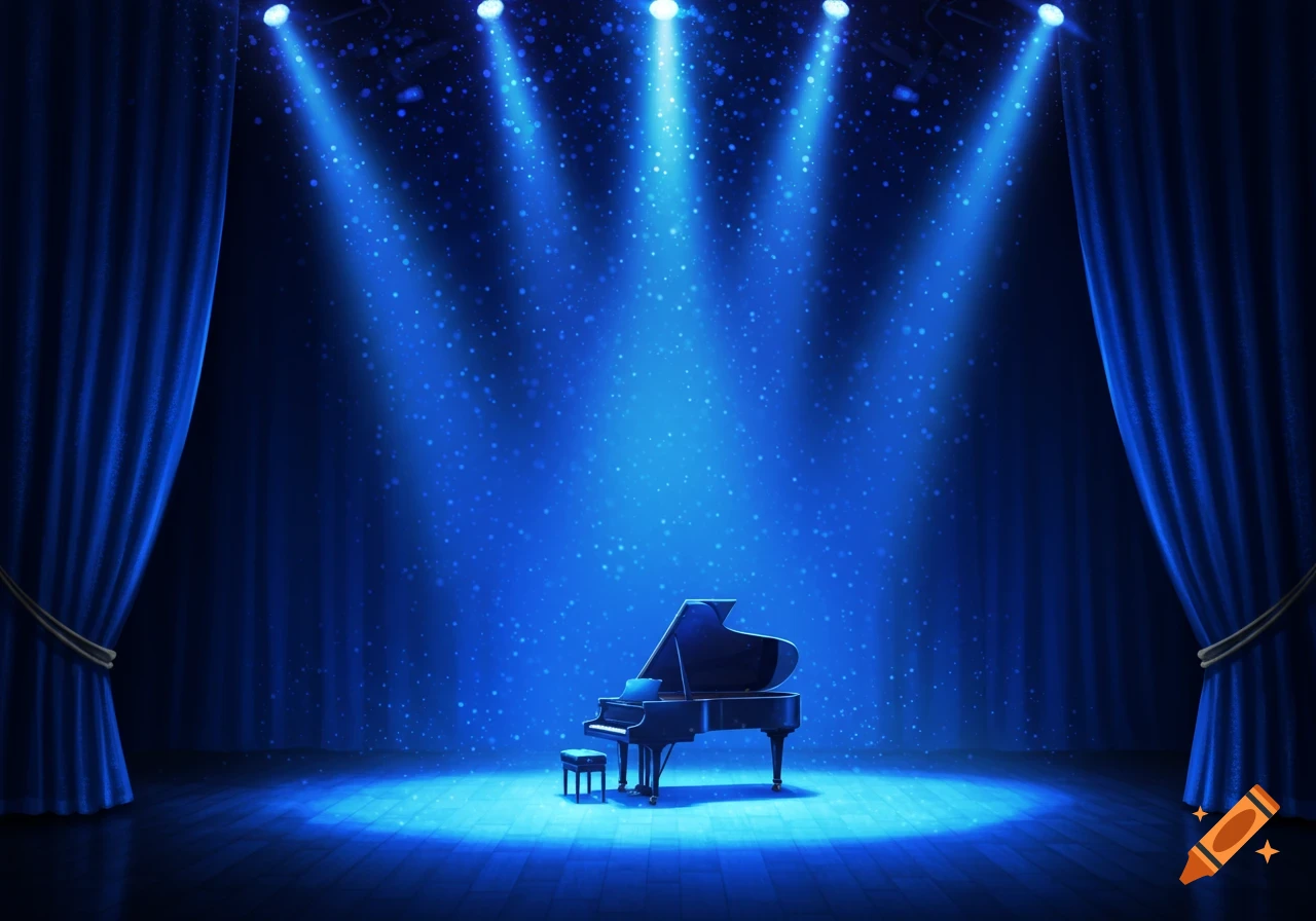 A grand piano and stool sit on a dark blue stage under bright blue  spotlights, flanked by blue curtains. on Craiyon, image size:1280x896