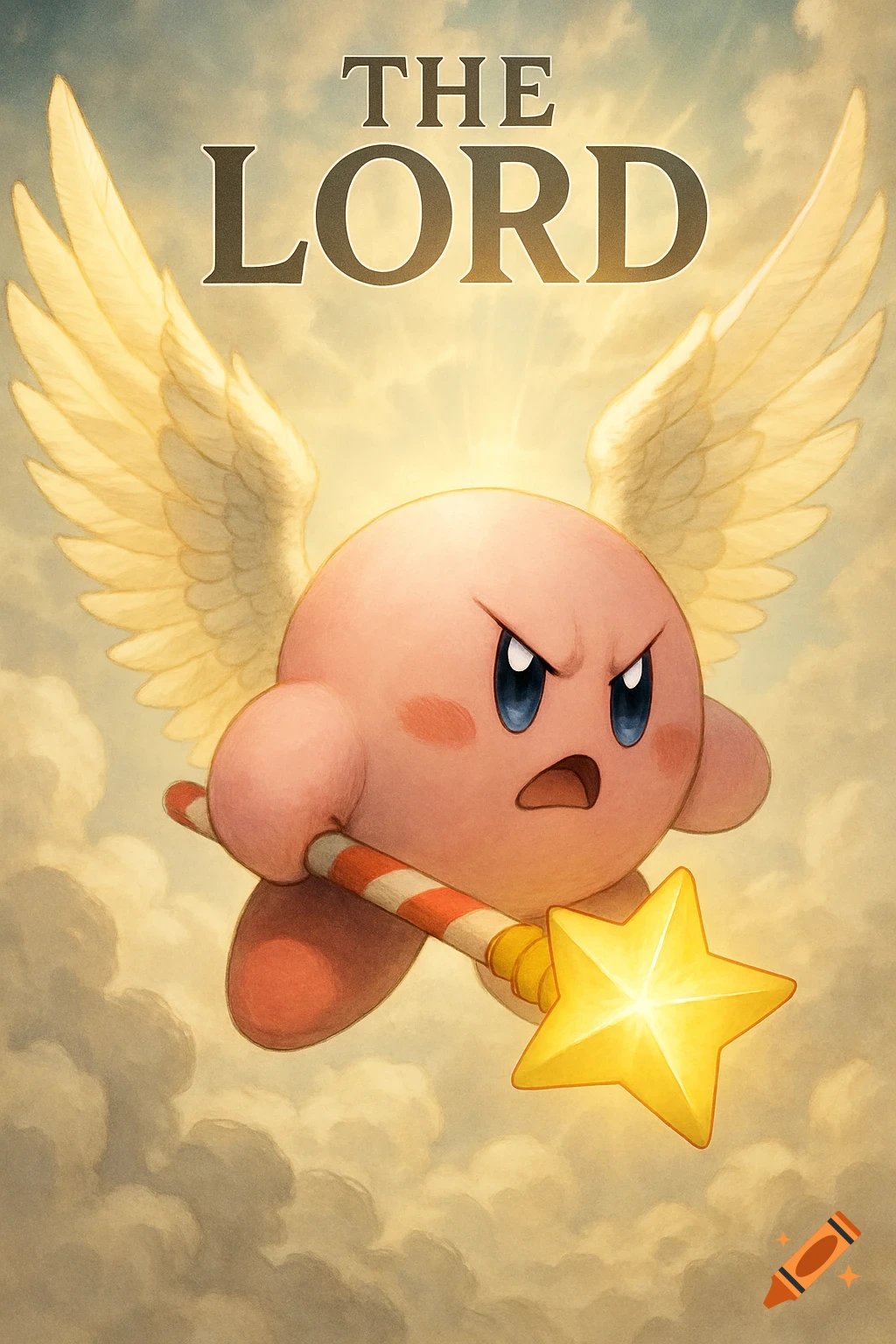 Anime-style illustration of an angry Kirby with glowing wings holding a star rod in a cloudy sky, with "THE LORD" written above.