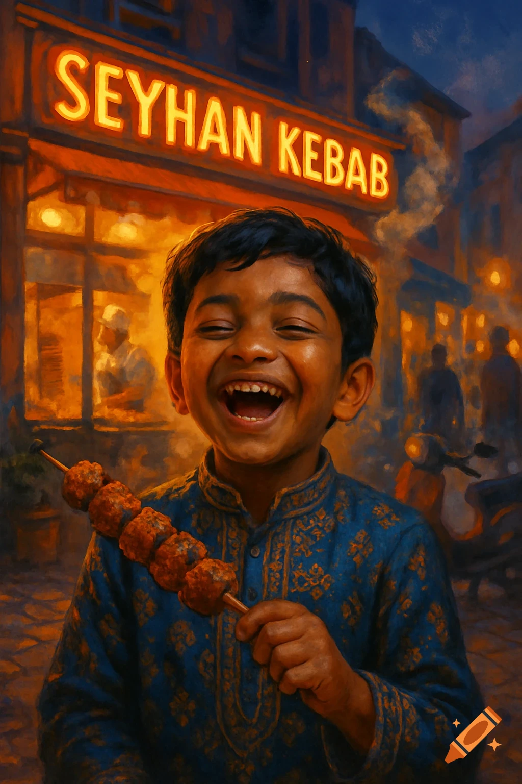 Happy Indian boy holding a kebab skewer in front of 'Seyhan Kebab' restaurant at night, in a painterly style.