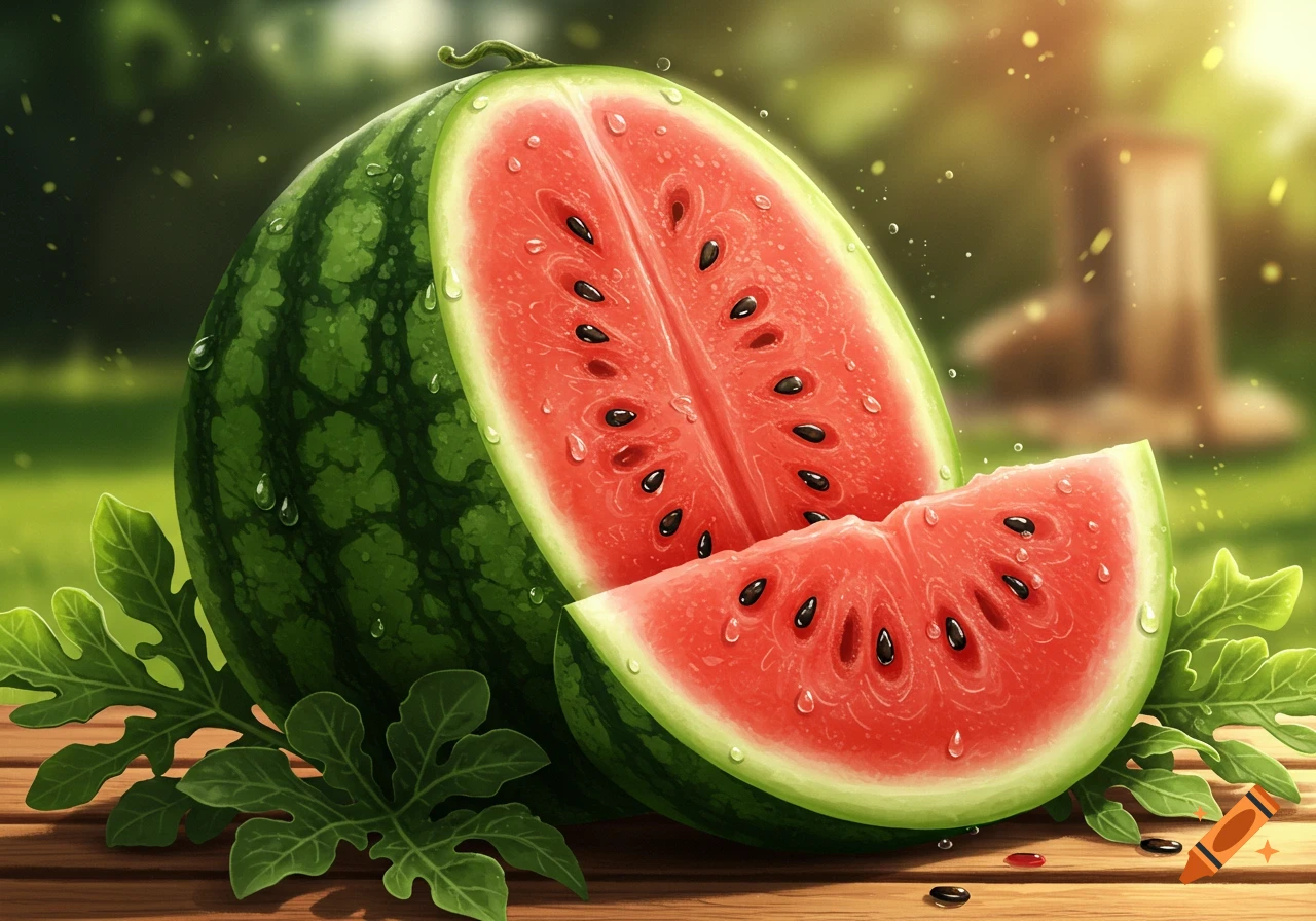 A whole watermelon and a slice covered in water droplets sit on a wooden surface in a sunny outdoor setting.