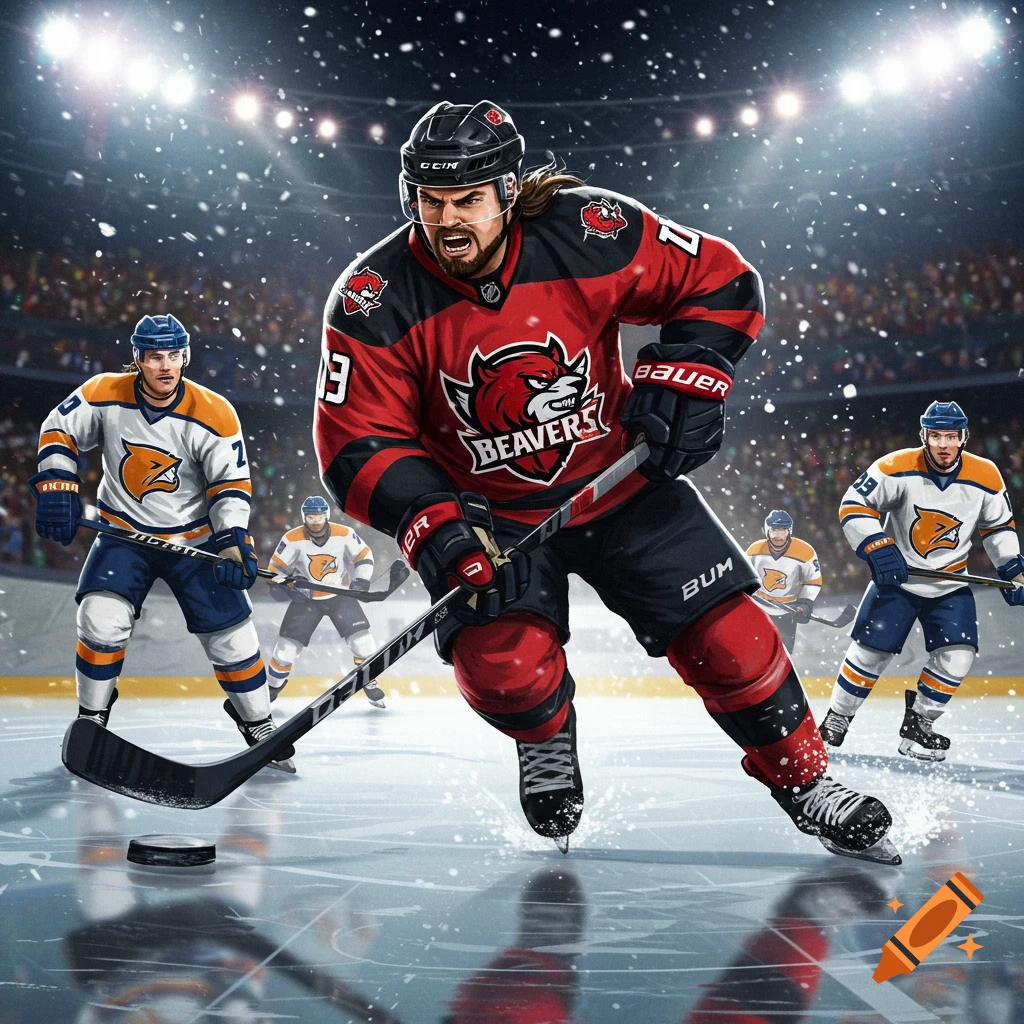 Stylized illustration of a fierce hockey player in a red 'Beavers' jersey skating forward on the ice during a game, with other players and stadium lights in the background.