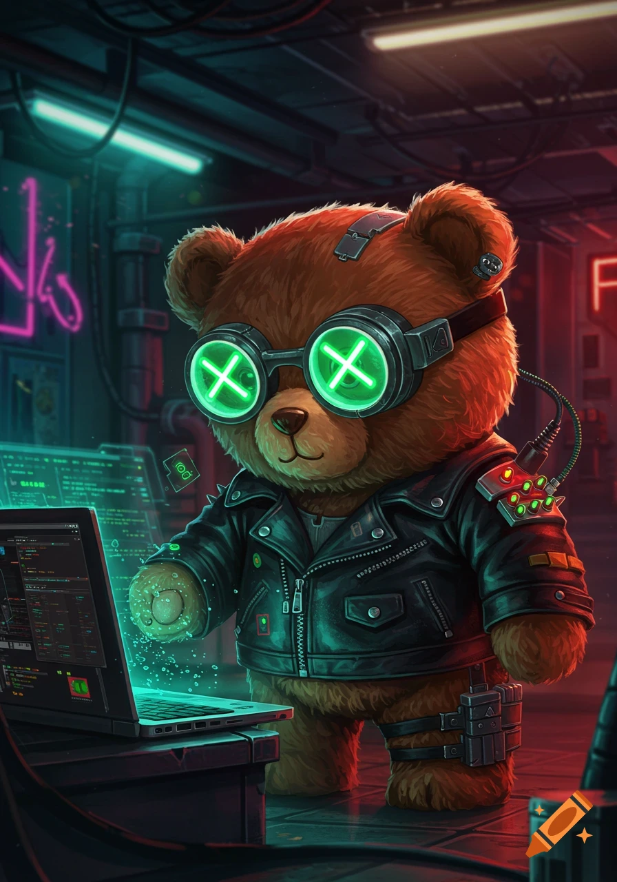 A cyberpunk teddy bear hacker wearing glowing green goggles and a leather jacket works on a laptop in a neon-lit room.