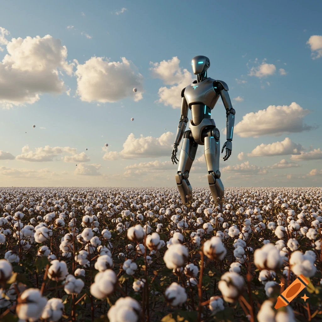 A futuristic silver robot with glowing blue accents stands tall in a vast cotton field under a partly cloudy sky.