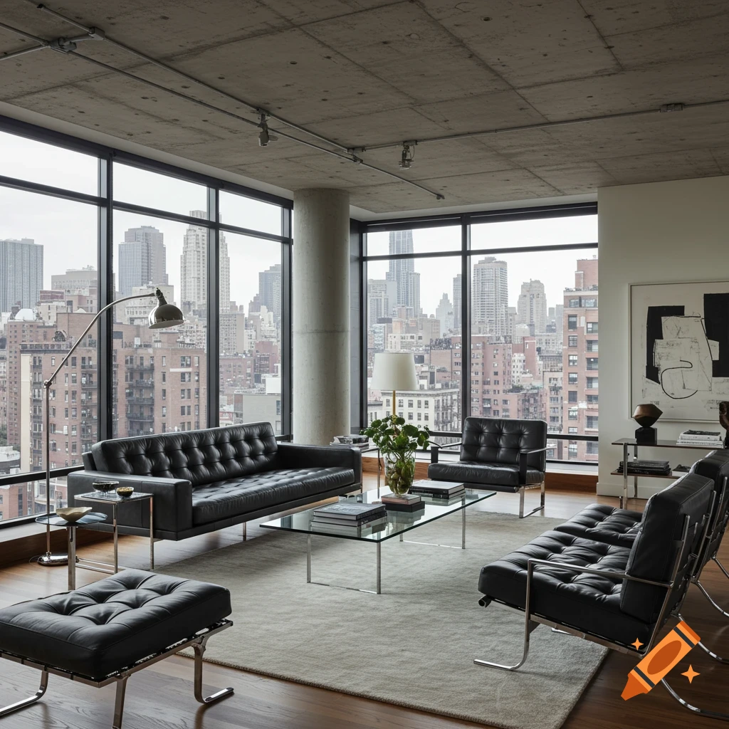 A modern living room with black leather furniture, a glass coffee table, and large windows overlooking a city skyline.