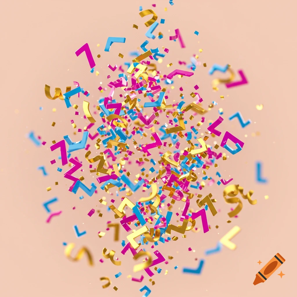 Colorful confetti shaped like the number 7 bursts against a light peach background.