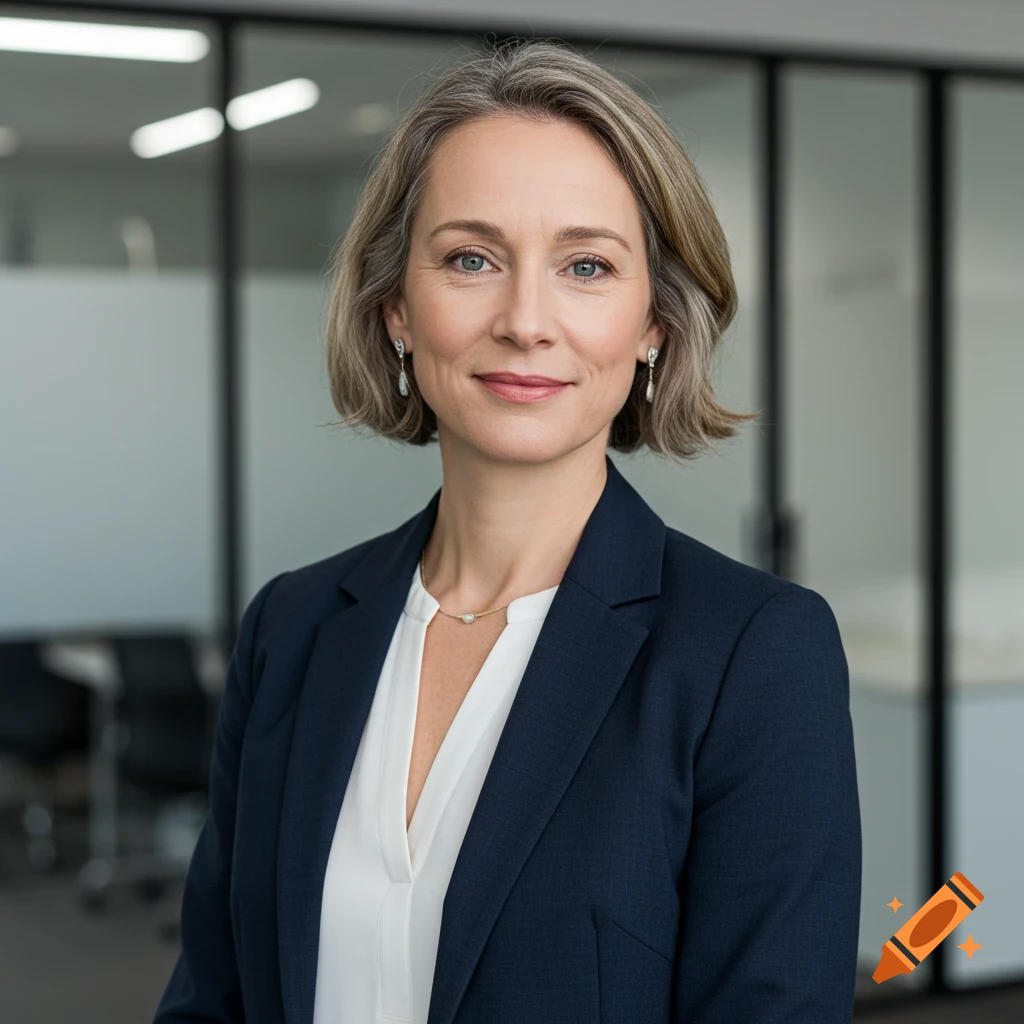 Photorealistic headshot of a smiling professional woman with short gray hair in a navy suit, against a blurred office background.