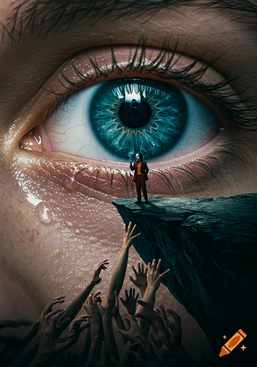 A close-up of a blue eye with a tear, reflecting a figure. Below, a small Joker stands on a cliff, with many hands reaching up.