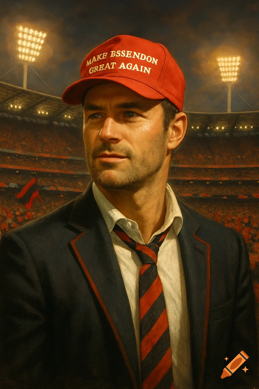 A man in a suit and red cap reading 'Make Bssendon Great Again' at a sports stadium, in a painterly style.