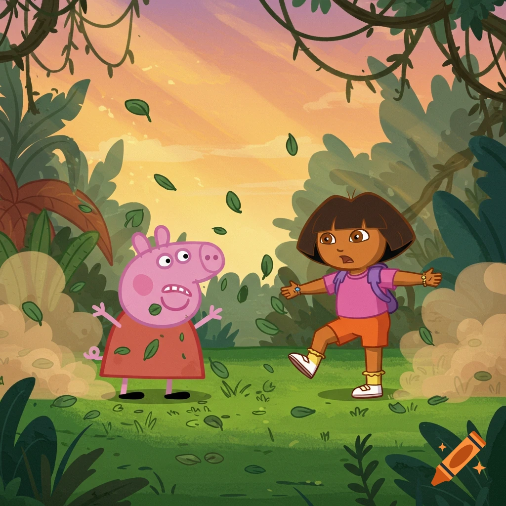 Peppa Pig and Dora the Explorer look surprised as leaves fall around them in a lush cartoon jungle at sunset.