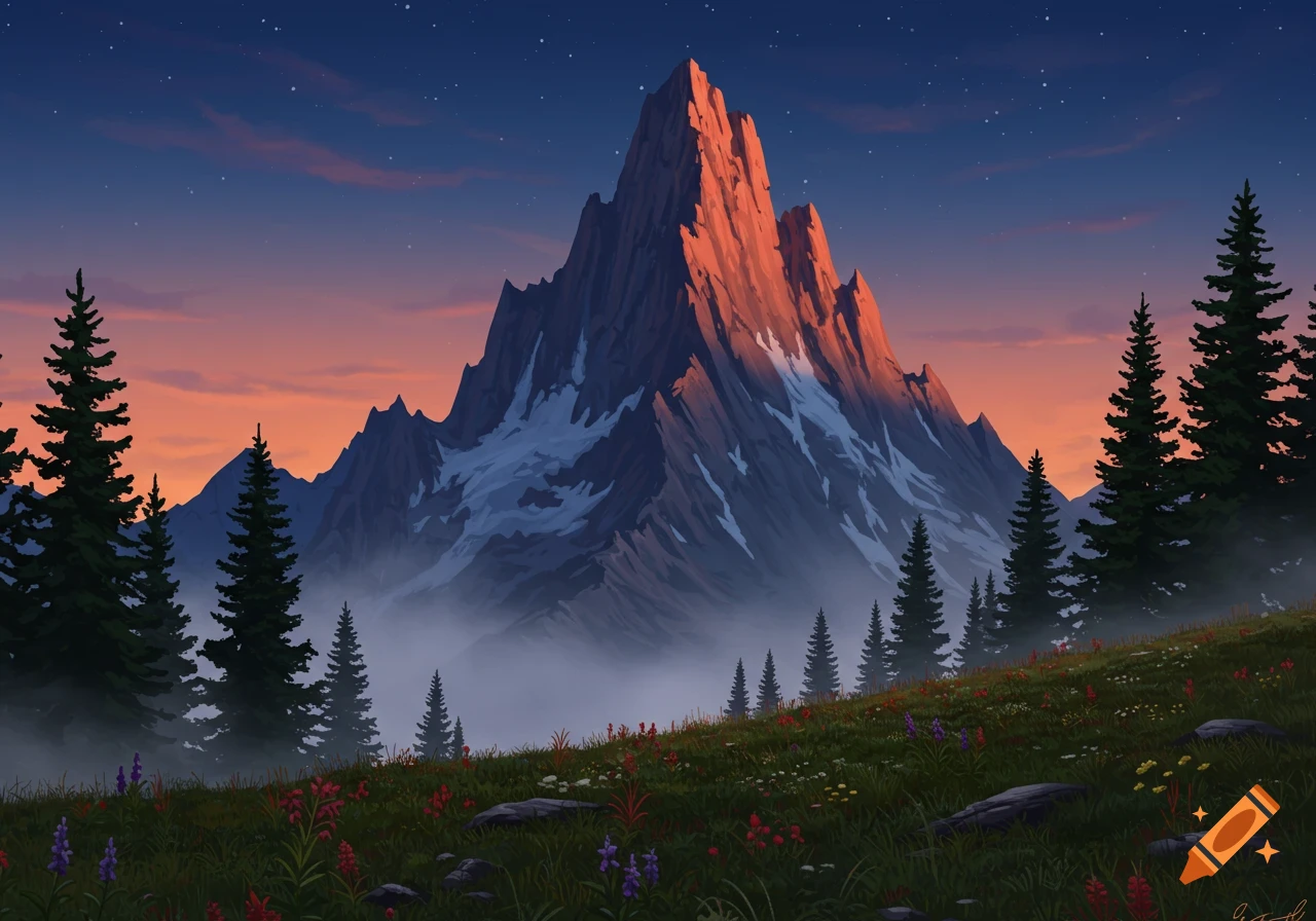 A majestic mountain with snow caps illuminated by a reddish sunset, surrounded by green pine trees and a field of colorful wildflowers.