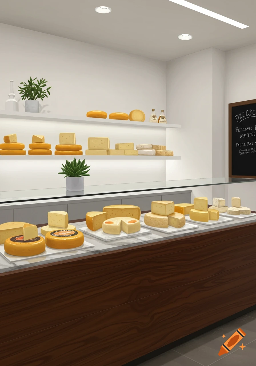 An upscale, minimalist cheese shop with a wooden counter displaying various cheeses, some round with illegible labels, and rectangular blocks on shelves.