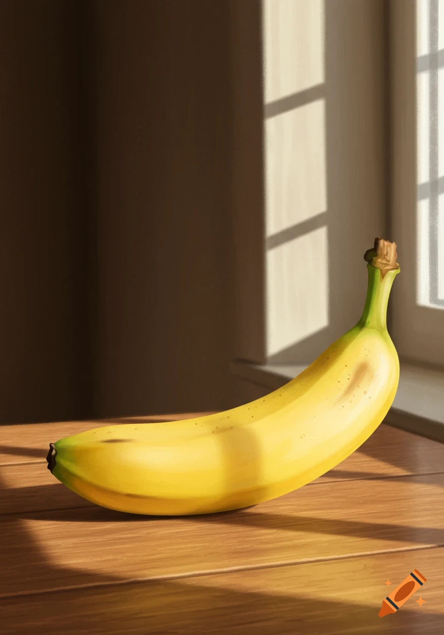 A yellow banana rests on a wooden table, bathed in sunlight from a window that casts shadow patterns.