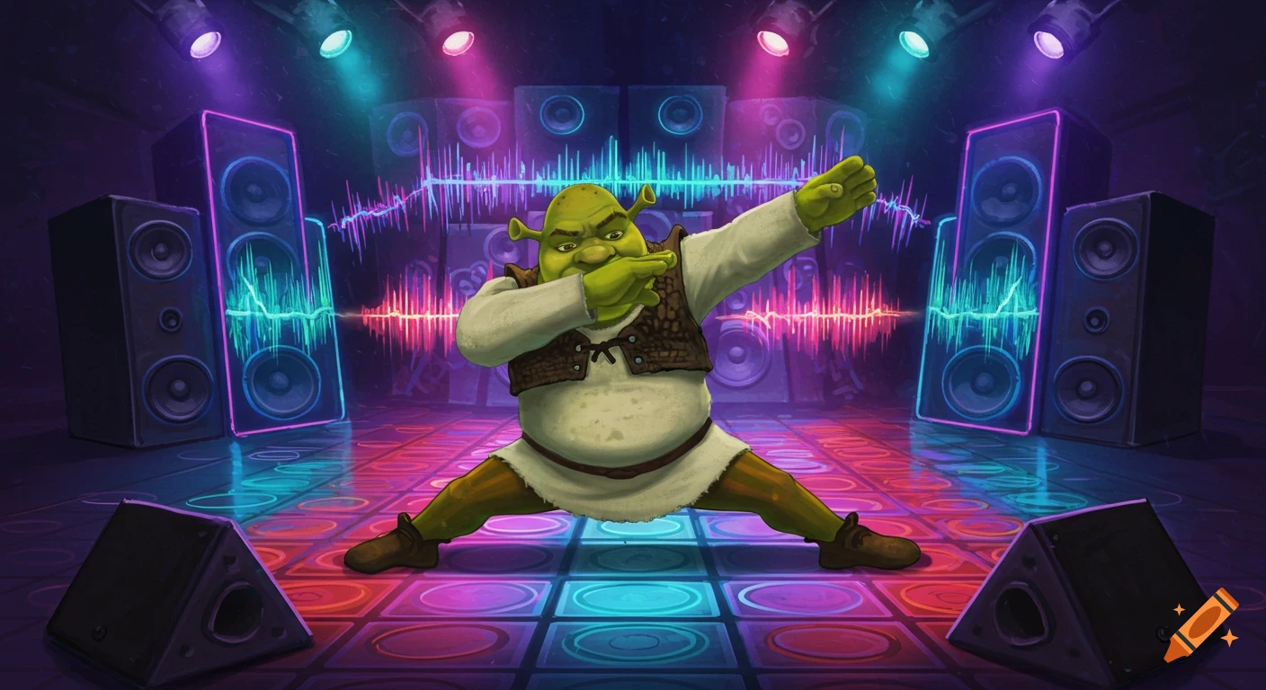 Shrek dabbing and doing a split on a colorful, glowing disco floor in a vibrant nightclub surrounded by large speakers.