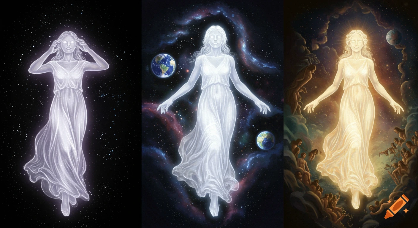 A classical painted mural depicts a glowing female deity creating the universe, Earth, and humans in three interconnected scenes.