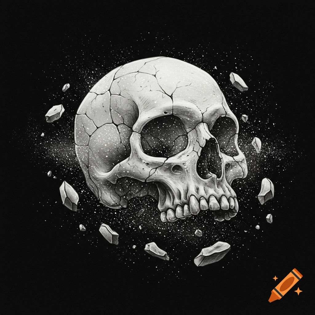 A detailed, cracked skull in a hand-drawn, black and white style, surrounded by floating fragments and white specks on a black background.