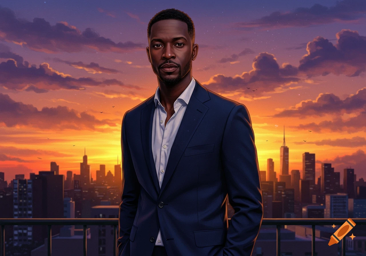 A man in a dark blue suit stands on a rooftop with a vibrant orange and purple sunset city skyline behind him.