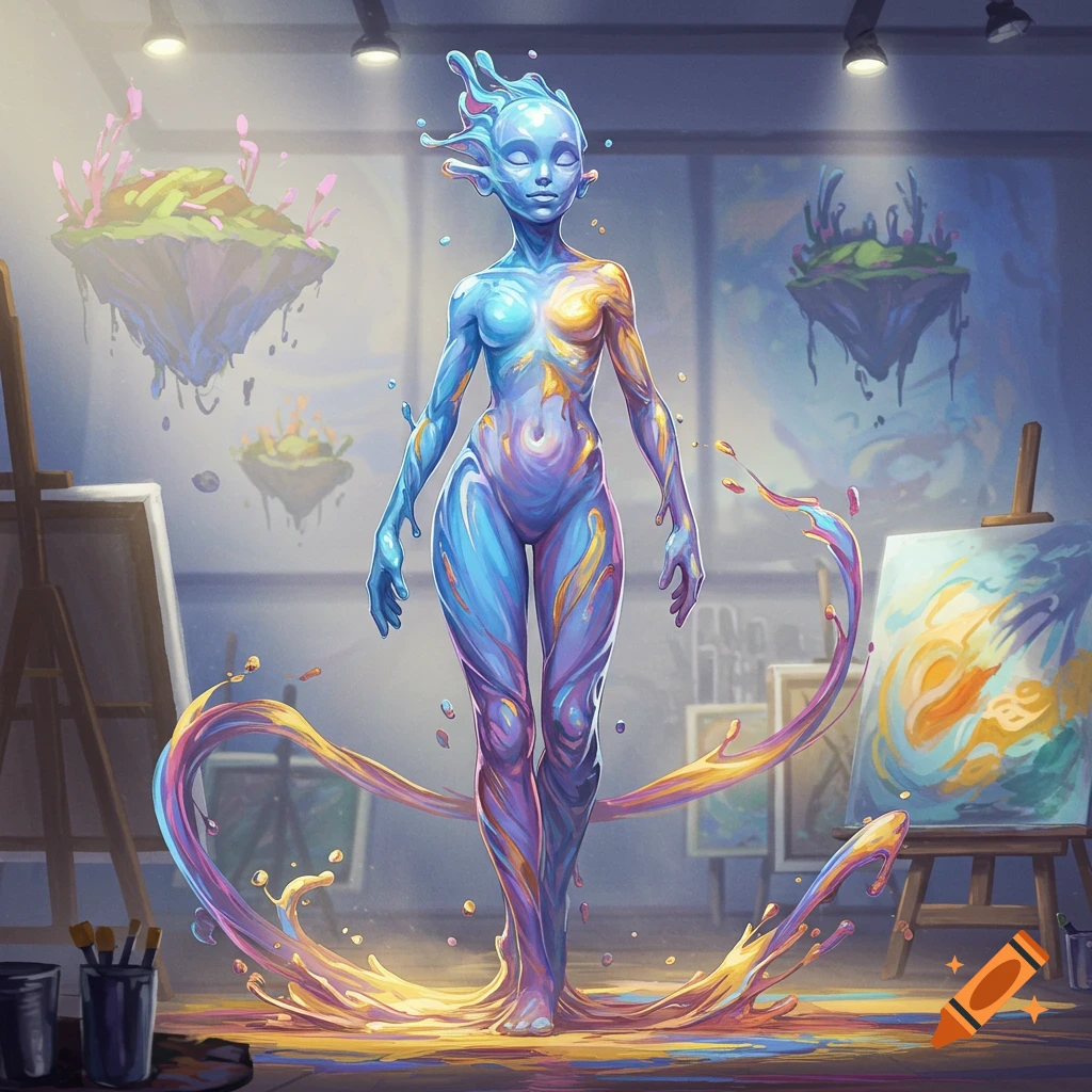 A stylized humanoid figure made of swirling blue, purple, and gold paint stands in an art studio, with paint splashing around its feet. Floating islands with vegetation are in the background.