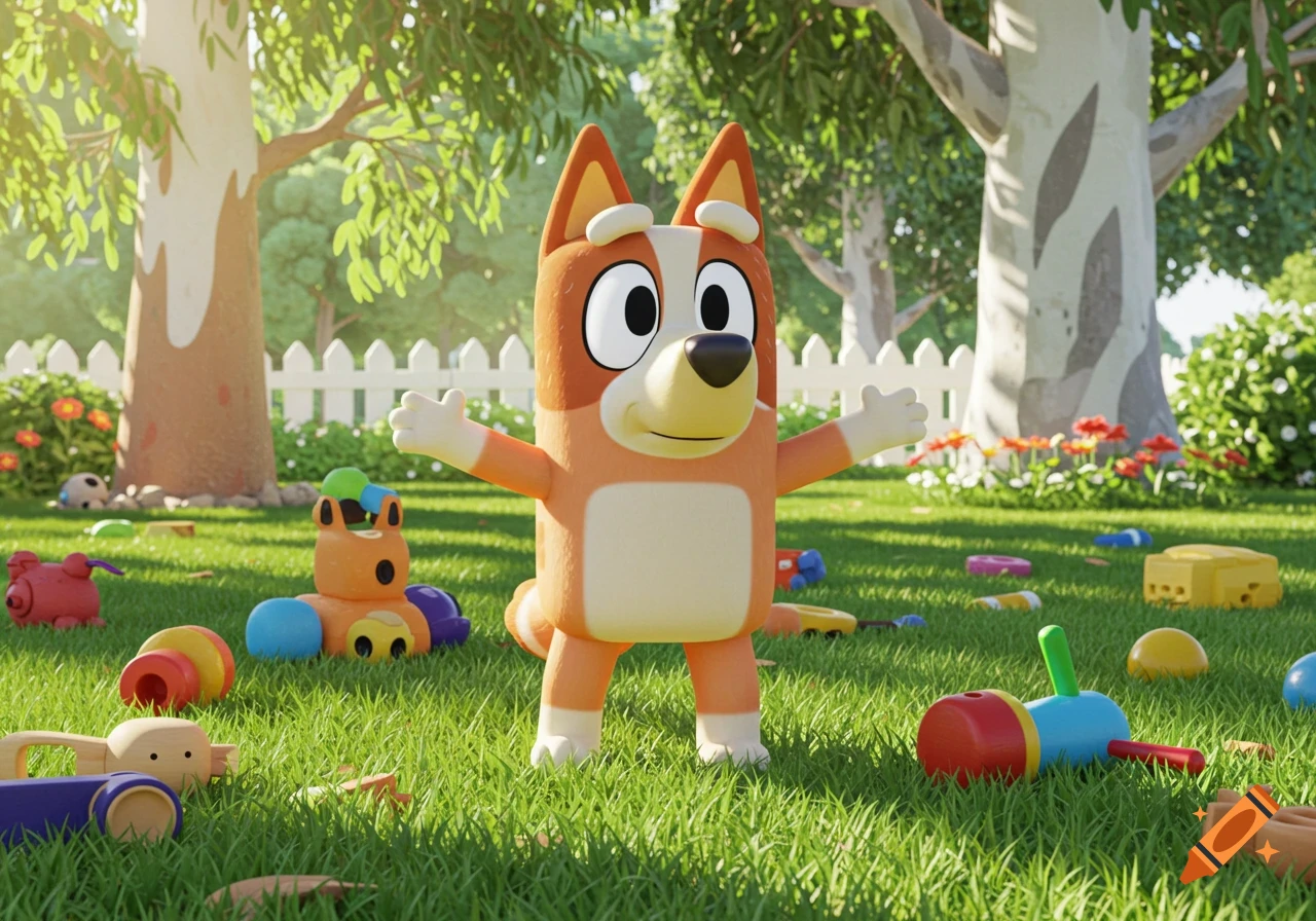A 3D animated Bingo from Bluey stands in a sunny park with toys scattered on the grass.