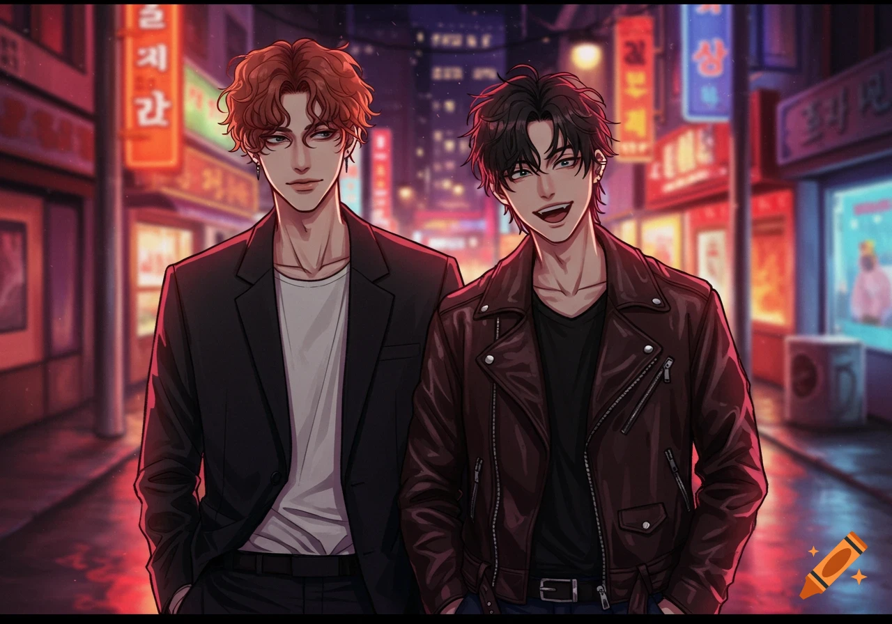 Two handsome men, one with red hair in a suit and the other with black hair in a leather jacket, stand smiling in a neon-lit city street at night in an anime art style.