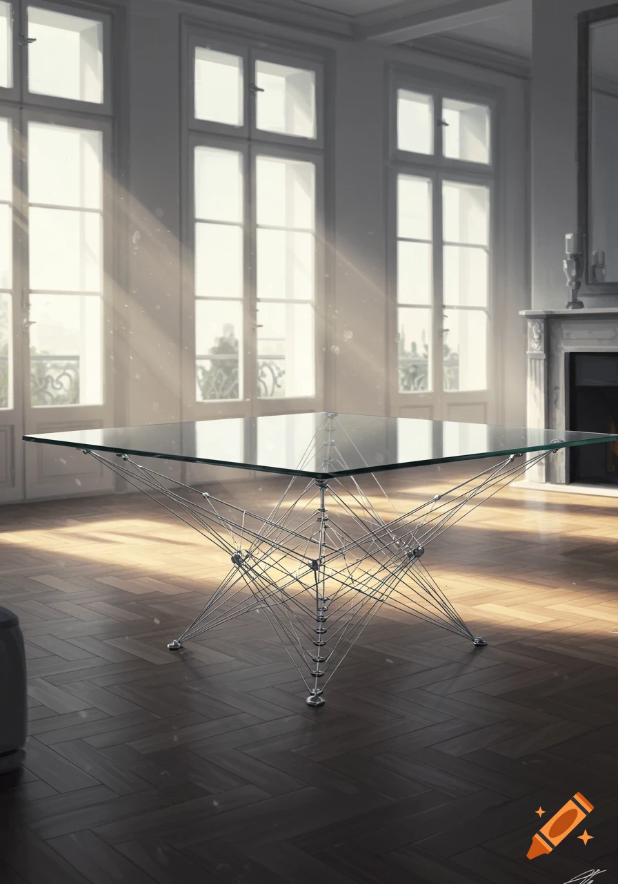 A modern glass-top table with a complex, wire-frame tensegrity base sits on a parquet floor in a sunlit room with tall windows.