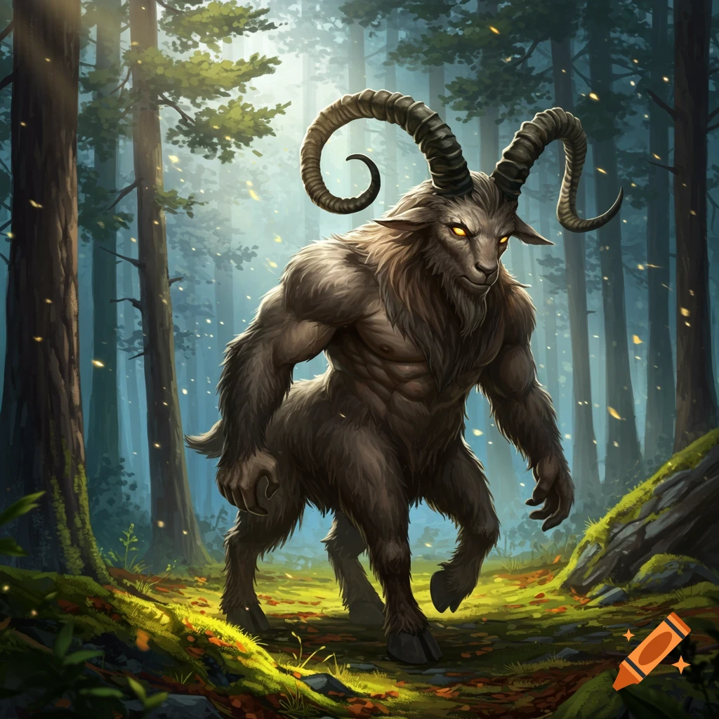 Muscular goat-man with large horns and glowing eyes walks through a mystical, dappled forest.