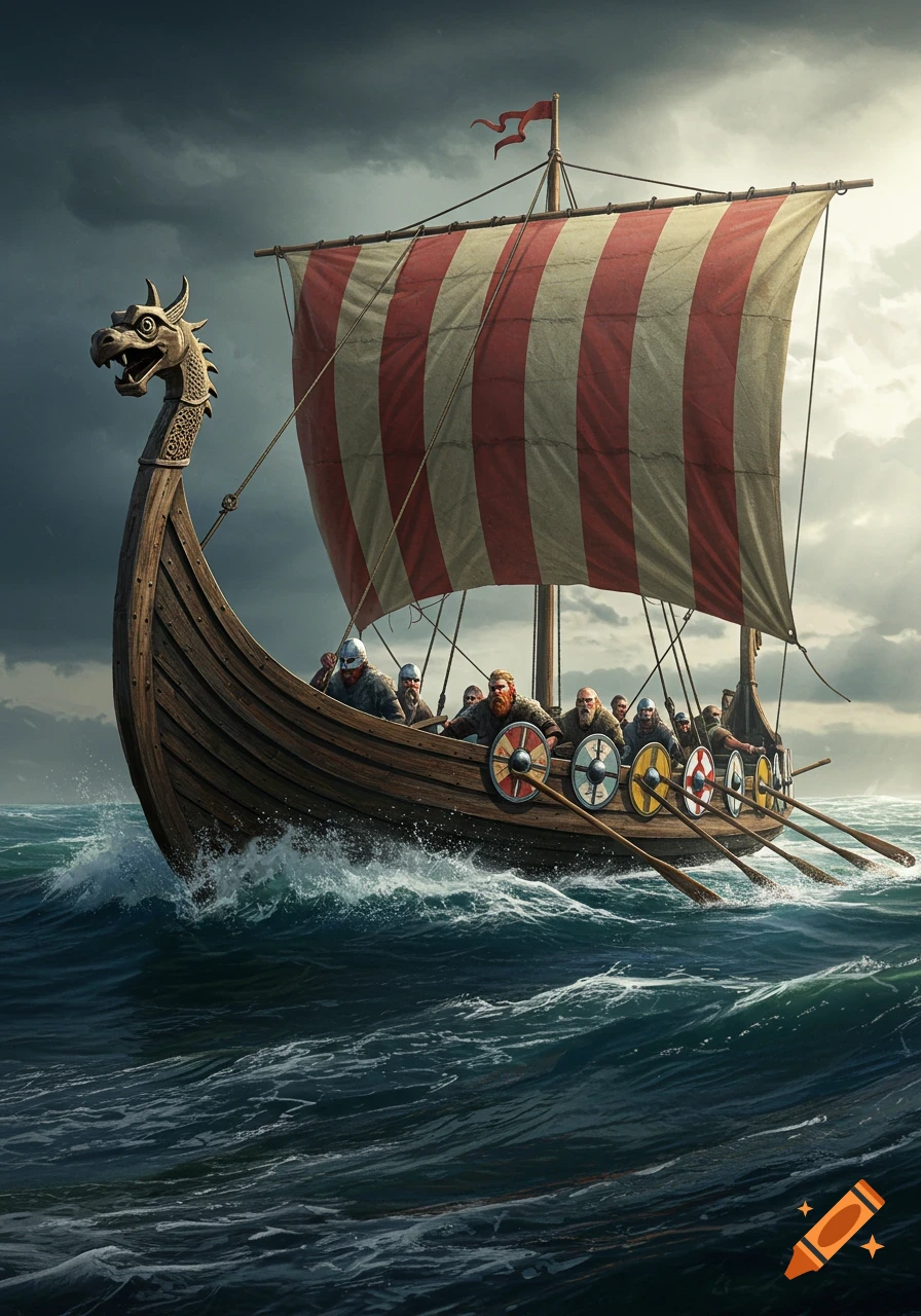 A majestic Viking longboat with a dragon-headed prow and striped sail battles rough seas, full of bearded warriors rowing under a stormy sky.