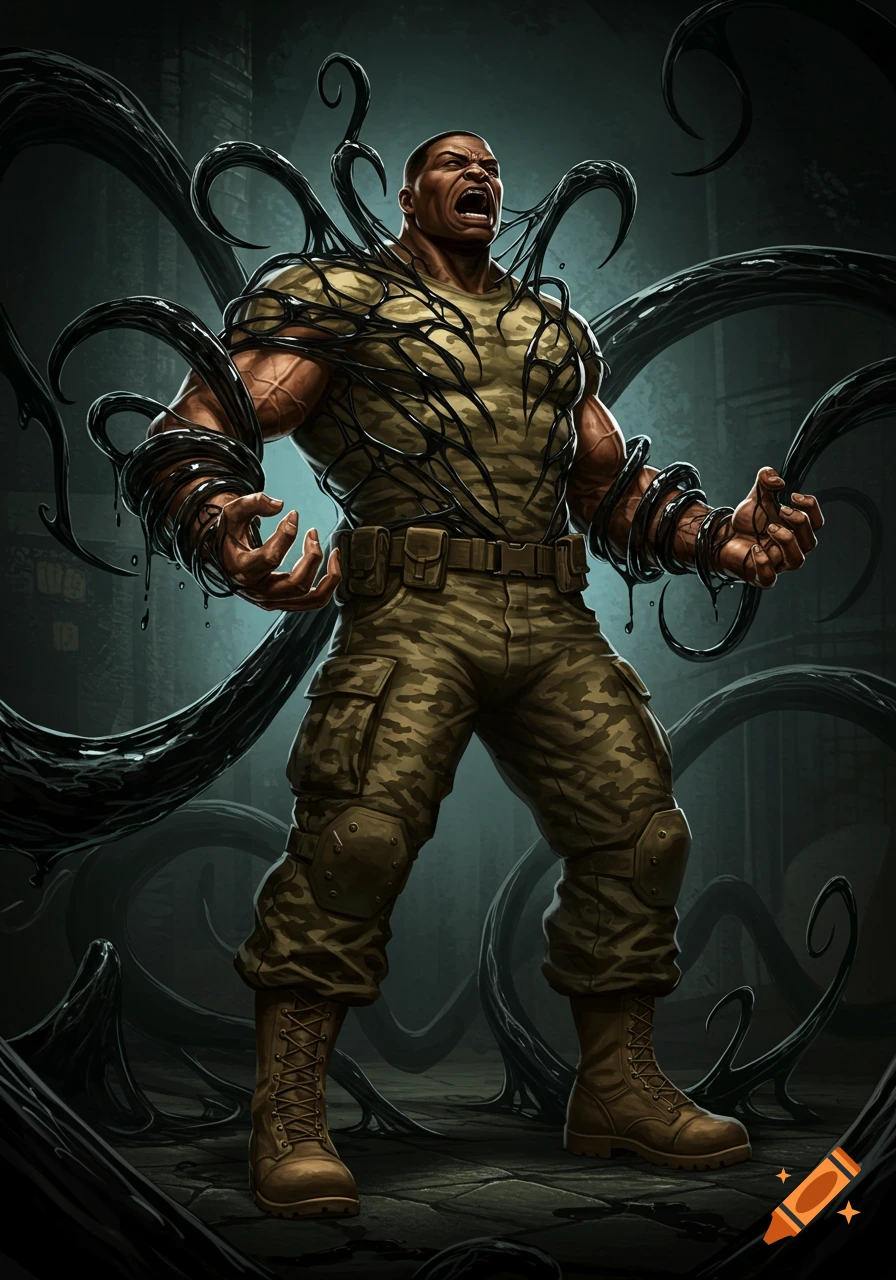 A muscular military man in camouflage fatigues, yelling in distress as black Venom-like tendrils engulf and restrain him.