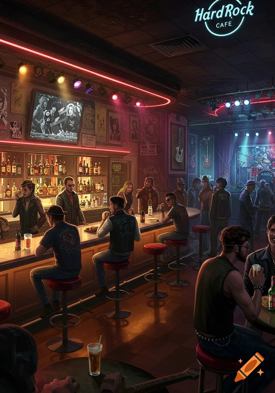 A vibrant Hard Rock Cafe interior with patrons at the bar and a live music stage. Neon lights illuminate the scene.