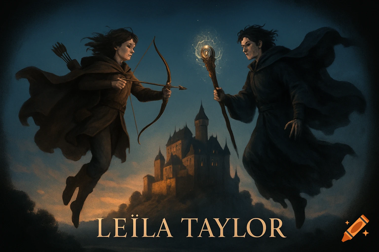 A dark fantasy illustration of an archer and a wizard floating above a castle, facing each other under a dark sky.
