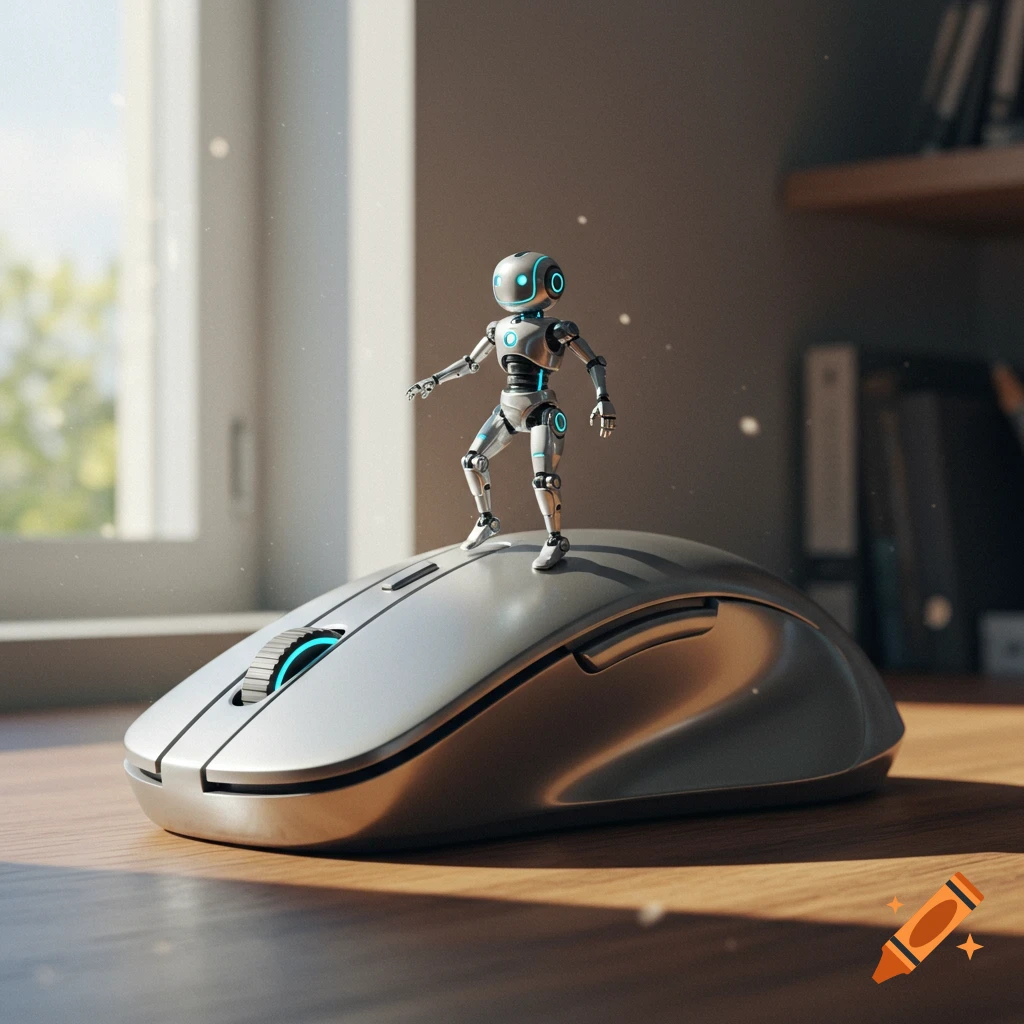 A small, shiny silver robot with blue accents stands on a computer mouse on a wooden desk, overlooking a bright window.